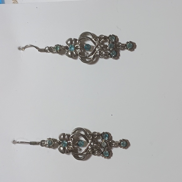 Chandelier Double Heart Silver and Blue Dangle Earrings - Picture 1 of 6
